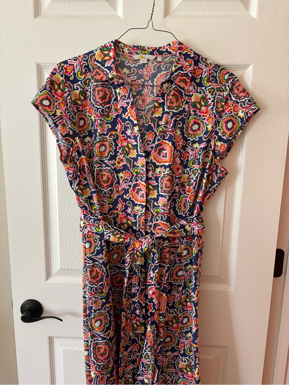 Boden Navy Floral-Print Midi Dress with Tie Waist